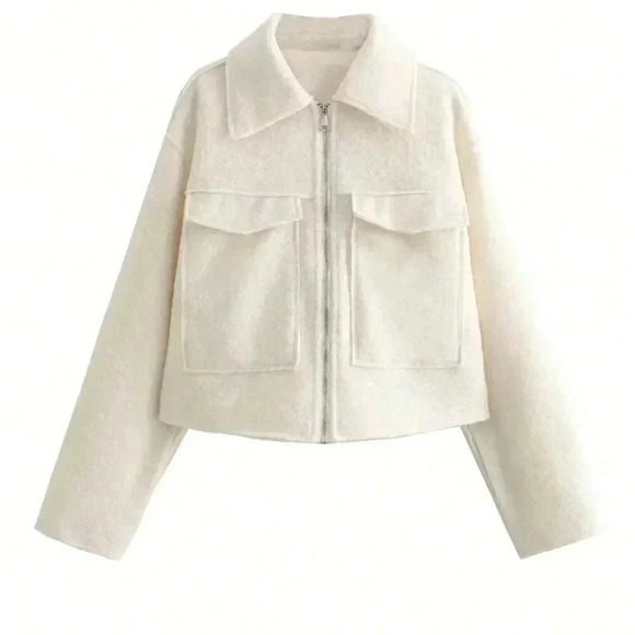 Beige Casual Women's Solid Color Woolen Jacket Top - Picture 6 of 8